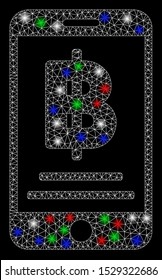 Bright mesh Bitcoin mobile payment with lightspot effect. White wire frame triangular network in vector format on a black background. Abstract 2d mesh designed with triangular lines, dots,