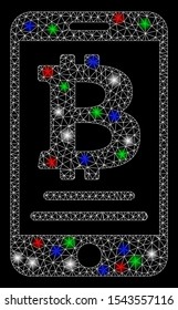 Bright mesh Bitcoin mobile payment with glare effect. White wire carcass polygonal mesh in vector format on a black background. Abstract 2d mesh created from polygonal grid, round dots,