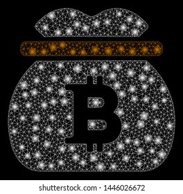 Bright mesh Bitcoin money bag with glare effect. Abstract illuminated model of Bitcoin money bag icon.