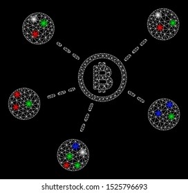 Bright mesh Bitcoin network with glare effect. White wire frame triangular network in vector format on a black background. Abstract 2d mesh designed with triangular lines, round dots,