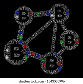 Bright mesh Bitcoin network with lightspot effect. White wire frame triangular mesh in vector format on a black background. Abstract 2d mesh designed with triangular lines, points,