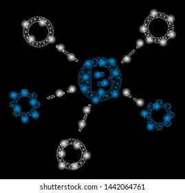 Bright mesh Bitcoin network nodes with lightspot effect. Abstract illuminated model of Bitcoin network nodes icon.