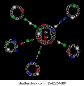 Bright mesh Bitcoin network nodes with glow effect. White wire frame polygonal mesh in vector format on a black background. Abstract 2d mesh created from polygonal grid, small circle,