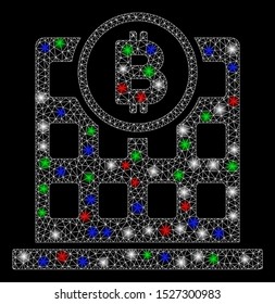 Bright mesh Bitcoin office with glare effect. White wire frame polygonal mesh in vector format on a black background. Abstract 2d mesh designed with triangular lines, small circle,