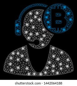 Bright mesh Bitcoin operator with glare effect. Abstract illuminated model of Bitcoin operator icon.