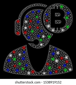Bright mesh Bitcoin operator with glare effect. White wire carcass triangular mesh in vector format on a black background. Abstract 2d mesh designed with polygonal grid, dots, colorful glare spots.