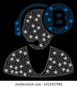 Bright mesh Bitcoin operator with glow effect. Abstract illuminated model of Bitcoin operator icon.