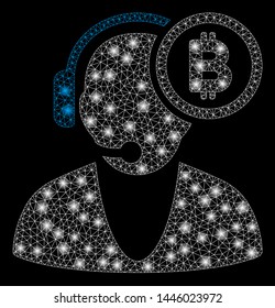 Bright mesh Bitcoin operator with lightspot effect. Abstract illuminated model of Bitcoin operator icon.