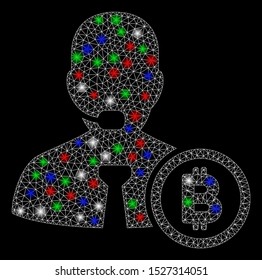 Bright mesh Bitcoin operator manager with glow effect. White wire frame polygonal mesh in vector format on a black background. Abstract 2d mesh designed with polygonal grid, points,
