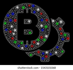 Bright mesh Bitcoin options gear with glare effect. White wire frame polygonal mesh in vector format on a black background. Abstract 2d mesh built from triangles, round dots, colorful glare spots.