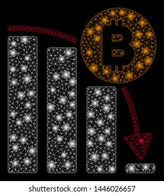 Bright mesh Bitcoin panic fall chart with glare effect. Abstract illuminated model of Bitcoin panic fall chart icon.