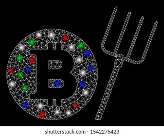 Bright mesh Bitcoin pitchfork with glare effect. White wire frame triangular mesh in vector format on a black background. Abstract 2d mesh designed with triangular lines, small circle,