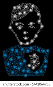 Bright mesh Bitcoin police officer with glow effect. Abstract illuminated model of Bitcoin police officer icon.