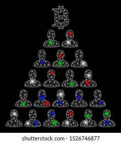 Bright mesh Bitcoin Ponzi pyramid with glow effect. White wire carcass polygonal mesh in vector format on a black background. Abstract 2d mesh designed with polygonal grid, small circle,