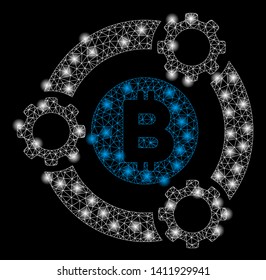 Bright mesh Bitcoin pool collaboration with glare effect. Abstract illuminated model of Bitcoin pool collaboration icon.