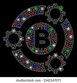 Bright mesh Bitcoin pool collaboration with glare effect. White wire frame polygonal mesh in vector format on a black background. Abstract 2d mesh created from polygonal grid, spheric points,
