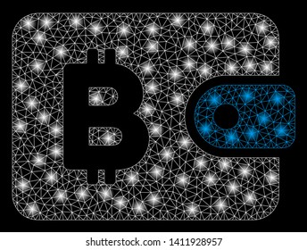 Bright mesh Bitcoin pouch with glare effect. Abstract illuminated model of Bitcoin pouch icon. Shiny wire frame triangular mesh Bitcoin pouch abstraction in vector format on a black background.