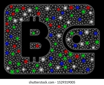 Bright mesh Bitcoin pouch with glare effect. White wire frame polygonal mesh in vector format on a black background. Abstract 2d mesh designed with polygonal grid, small circle, colored flash spots.