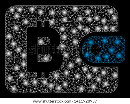 Bright mesh Bitcoin pouch with glare effect. Abstract illuminated model of Bitcoin pouch icon. Shiny wire frame triangular mesh Bitcoin pouch abstraction in vector format on a black background.