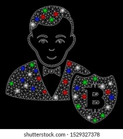 Bright mesh Bitcoin protector with glare effect. White wire frame polygonal network in vector format on a black background. Abstract 2d mesh designed with polygonal grid, round dots,