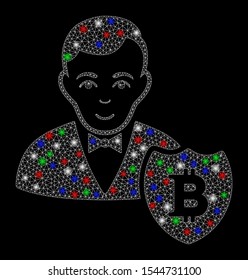 Bright mesh Bitcoin protector with glare effect. White wire carcass polygonal mesh in vector format on a black background. Abstract 2d mesh built from triangular lines, dots, colored glare spots.
