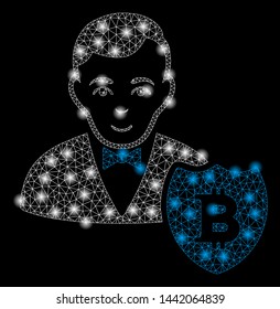 Bright mesh Bitcoin protector with lightspot effect. Abstract illuminated model of Bitcoin protector icon.