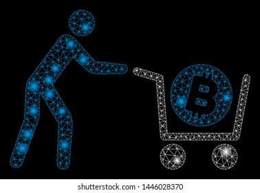 Bright mesh Bitcoin purchase cart with glow effect. Abstract illuminated model of Bitcoin purchase cart icon.
