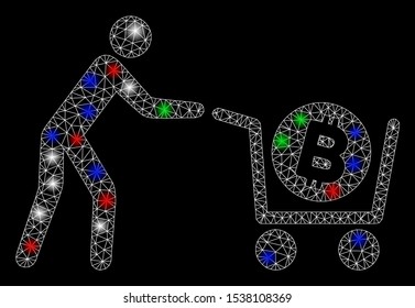 Bright mesh Bitcoin purchase cart with lightspot effect. White wire frame polygonal mesh in vector format on a black background. Abstract 2d mesh designed with triangles, points, colored flash spots.
