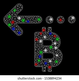 Bright mesh Bitcoin refund back with glow effect. White wire frame polygonal mesh in vector format on a black background. Abstract 2d mesh designed with polygonal grid, points, colored flash spots.