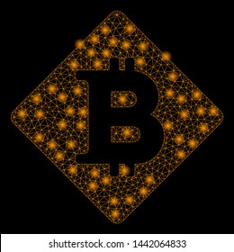 Bright mesh bitcoin rhombus with glare effect. Abstract illuminated model of bitcoin rhombus icon.