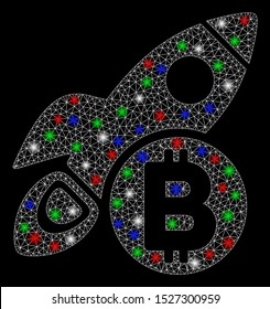 Bright mesh Bitcoin rocket with glare effect. White wire frame polygonal network in vector format on a black background. Abstract 2d mesh designed with polygonal grid, spheric points,
