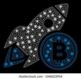 Bright mesh Bitcoin rocket with glow effect. Abstract illuminated model of Bitcoin rocket icon. Shiny wire carcass polygonal mesh Bitcoin rocket abstraction in vector format on a black background.
