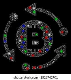 Bright mesh Bitcoin rotation arrows with glare effect. White wire carcass polygonal mesh in vector format on a black background. Abstract 2d mesh designed with polygonal grid, round dots,