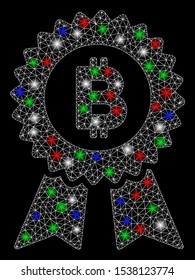 Bright mesh Bitcoin seal with ribbons with glare effect. White wire frame triangular mesh in vector format on a black background. Abstract 2d mesh designed with polygonal grid, round dots,
