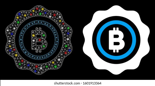 Bright mesh Bitcoin seal stamp icon with glare effect. Abstract illuminated model of Bitcoin seal stamp. Shiny wire carcass polygonal mesh Bitcoin seal stamp icon.