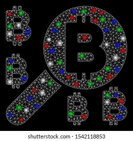 Bright mesh Bitcoin search with glare effect. White wire carcass triangular mesh in vector format on a black background. Abstract 2d mesh designed with triangular lines, dots, colored light spots.