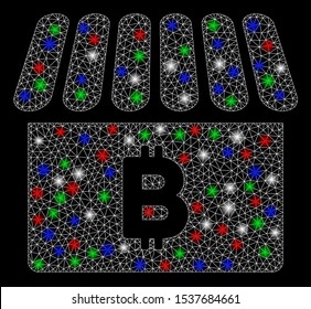 Bright mesh Bitcoin shop with glow effect. White wire carcass polygonal network in vector format on a black background. Abstract 2d mesh designed with polygonal grid, small circle,
