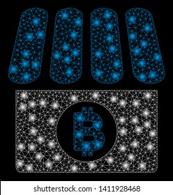 Bright mesh Bitcoin shop with lightspot effect. Abstract illuminated model of Bitcoin shop icon. Shiny wire frame polygonal mesh Bitcoin shop abstraction in vector format on a black background.