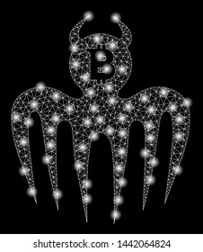 Bright mesh Bitcoin spectre devil with glare effect. Abstract illuminated model of Bitcoin spectre devil icon.