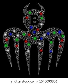 Bright mesh Bitcoin spectre devil with glare effect. White wire frame polygonal mesh in vector format on a black background. Abstract 2d mesh created from triangles, small circle, colored flare spots.