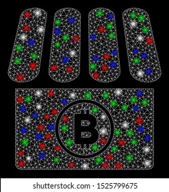 Bright mesh Bitcoin store with glow effect. White wire carcass polygonal mesh in vector format on a black background. Abstract 2d mesh designed with polygonal grid, points, colorful flash spots.