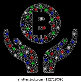 Bright mesh Bitcoin support hands with lightspot effect. White wire carcass polygonal mesh in vector format on a black background. Abstract 2d mesh designed with triangular lines, dots,