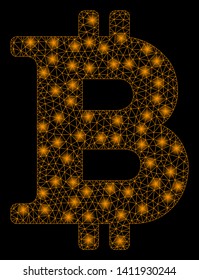 Bright mesh Bitcoin symbol with glow effect. Abstract illuminated model of Bitcoin symbol icon. Shiny wire frame polygonal mesh Bitcoin symbol abstraction in vector format on a black background.