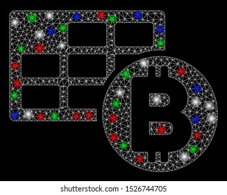 Bright mesh Bitcoin table with glare effect. White wire carcass triangular network in vector format on a black background. Abstract 2d mesh created from triangular lines, small circle,