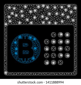 Bright mesh Bitcoin table with glow effect. Abstract illuminated model of Bitcoin table icon. Shiny wire frame polygonal mesh Bitcoin table abstraction in vector format on a black background.
