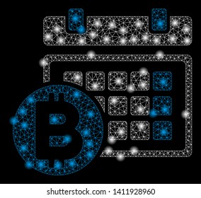 Bright mesh Bitcoin table with glow effect. Abstract illuminated model of Bitcoin table icon. Shiny wire frame triangular mesh Bitcoin table abstraction in vector format on a black background.