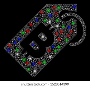 Bright mesh Bitcoin tag with glare effect. White wire carcass polygonal mesh in vector format on a black background. Abstract 2d mesh created from polygonal grid, dots, colored glare spots.