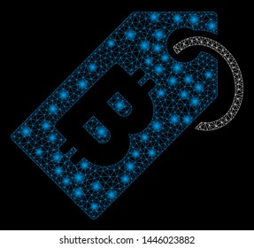 Bright mesh Bitcoin tag with lightspot effect. Abstract illuminated model of Bitcoin tag icon. Shiny wire carcass triangular mesh Bitcoin tag abstraction in vector format on a black background.