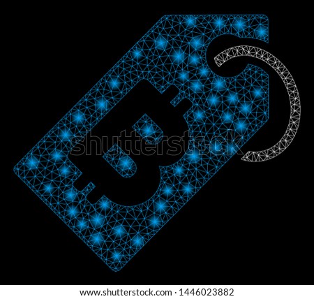 Bright mesh Bitcoin tag with lightspot effect. Abstract illuminated model of Bitcoin tag icon. Shiny wire carcass triangular mesh Bitcoin tag abstraction in vector format on a black background.