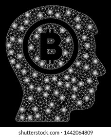 Bright mesh Bitcoin thinking head with glow effect. Abstract illuminated model of Bitcoin thinking head icon.